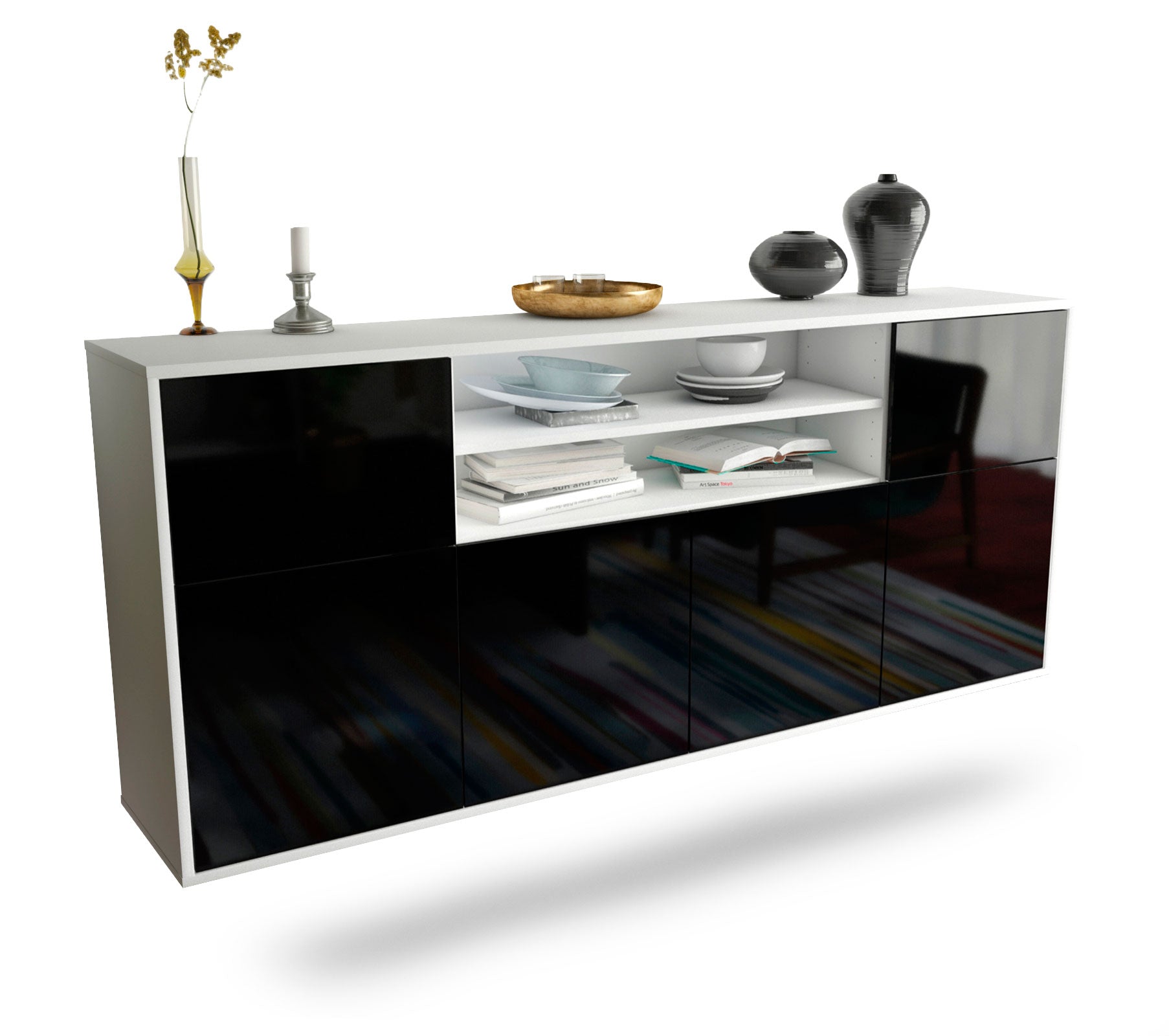 Sideboard Cedar Rapids | hängend | Korpus Weiß | Front in Hochglanz Schwarz | 180x79x35cm (BxHxT) 1 Sideboard Cedar Rapids | hängend | Korpus Weiß | Front in Hochglanz Schwarz | 180x79x35cm (BxHxT)