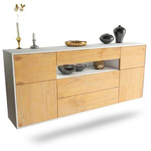 Sideboard Elizabeth | hängend | Korpus Weiß | Front in Eiche Holz Optik | 180x79x35cm (BxHxT)