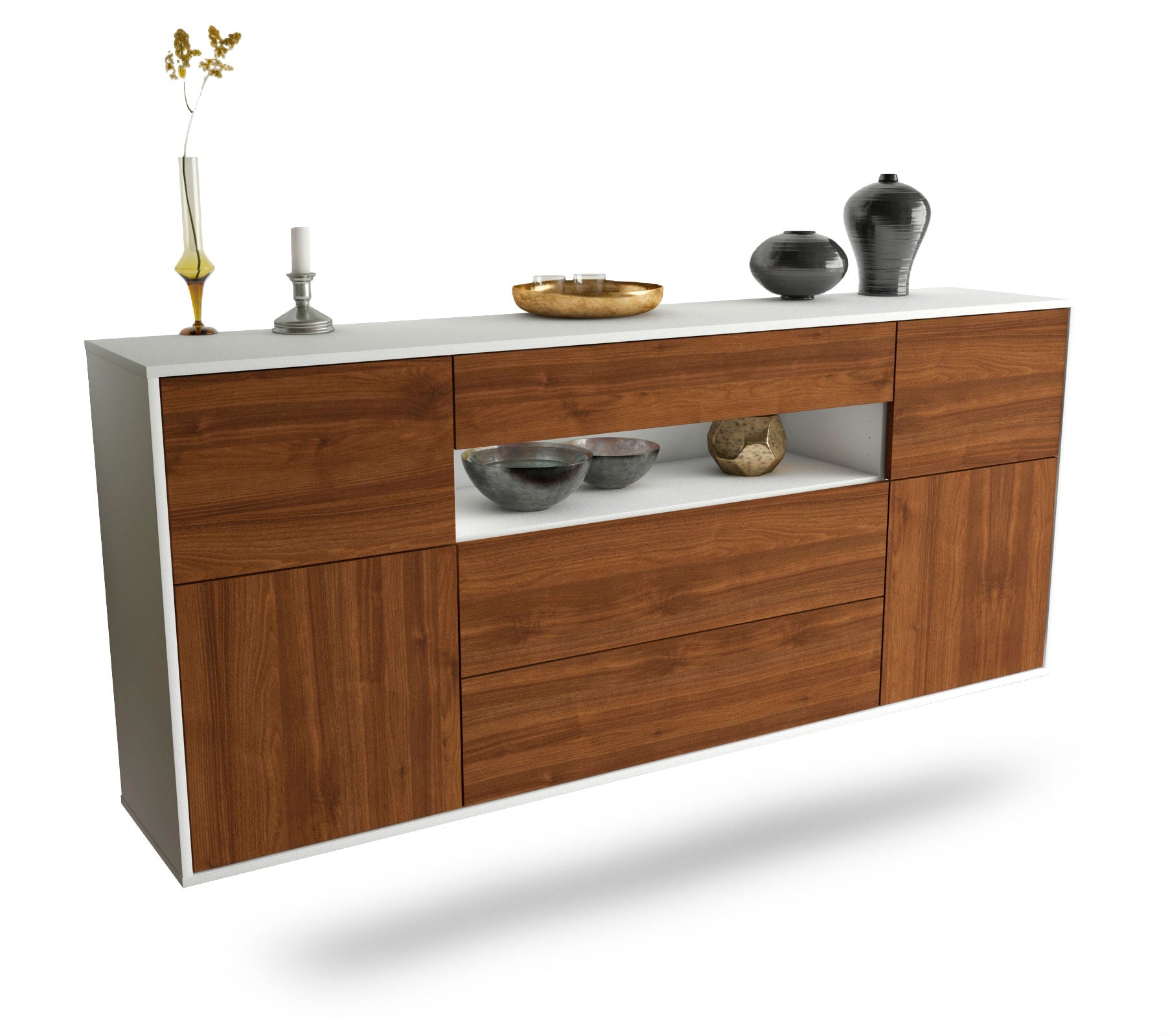 Sideboard Elizabeth | hängend | Korpus Weiß | Front in Walnuss Holz Optik | 180x79x35cm (BxHxT) 1 Sideboard Elizabeth | hängend | Korpus Weiß | Front in Walnuss Holz Optik | 180x79x35cm (BxHxT)