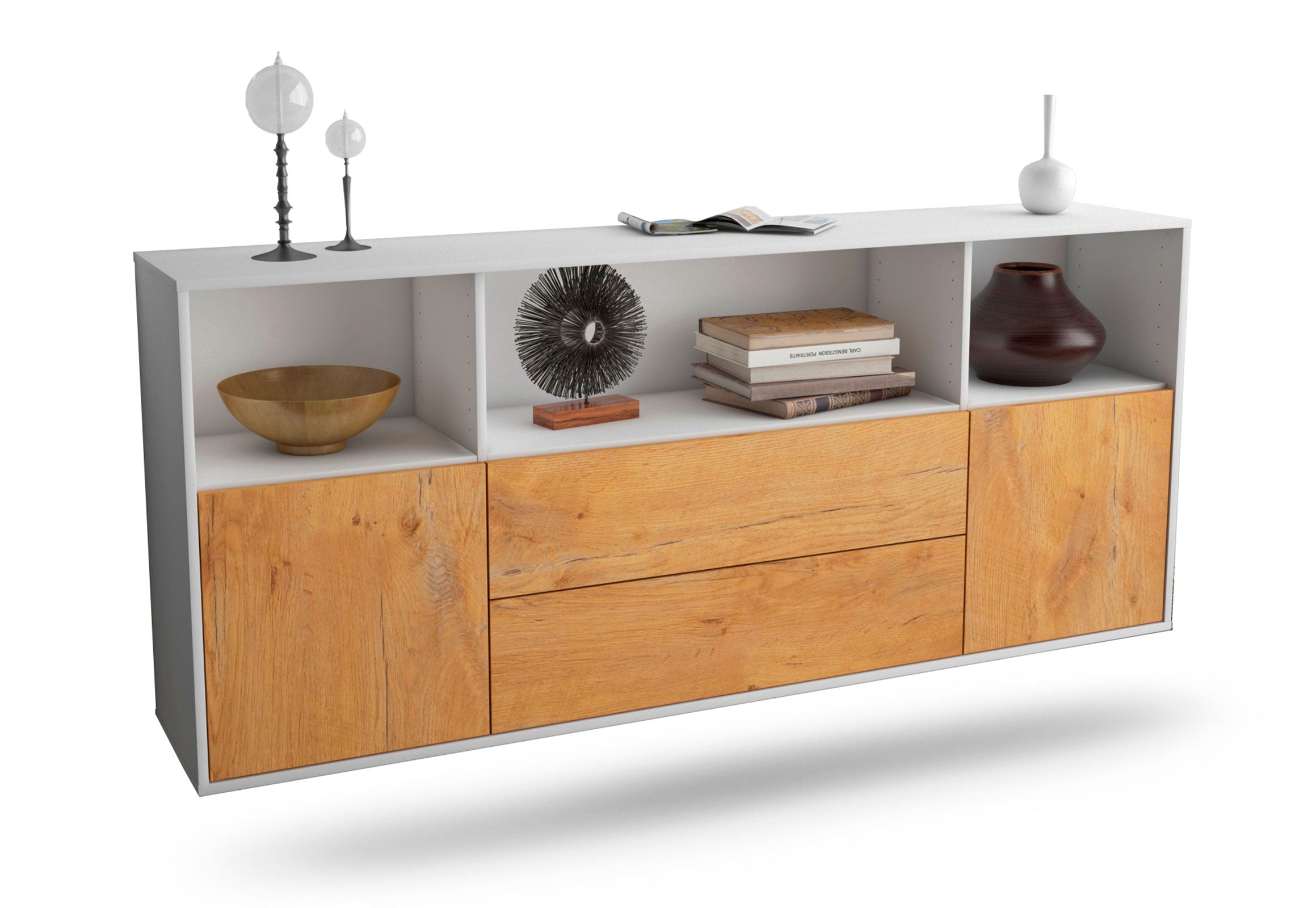 Sideboard Hartford | hängend | Korpus Weiß | Front in Eiche Holz Optik | 180x79x35cm (BxHxT) 1 Sideboard Hartford | hängend | Korpus Weiß | Front in Eiche Holz Optik | 180x79x35cm (BxHxT)
