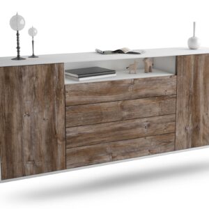 Sideboard New Haven | hängend | Korpus Weiß | Front in Treibholz Holz Optik | 180x79x35cm (BxHxT)