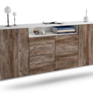 Sideboard Carrollton | hängend | Korpus Weiß | Front in Treibholz Holz Optik | 180x79x35cm (BxHxT)