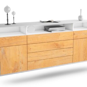 Sideboard Bellevue | hängend | Korpus Weiß | Front in Eiche Holz Optik | 180x79x35cm (BxHxT)