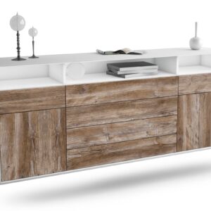 Sideboard Bellevue | hängend | Korpus Weiß | Front in Treibholz Holz Optik | 180x79x35cm (BxHxT)
