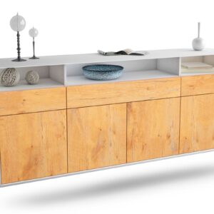 Sideboard Simi Valley | hängend | Korpus Weiß | Front in Eiche Holz Optik | 180x79x35cm (BxHxT)