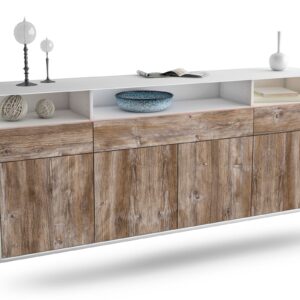 Sideboard Simi Valley | hängend | Korpus Weiß | Front in Treibholz Holz Optik | 180x79x35cm (BxHxT)