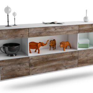 Sideboard Clarksville | hängend | Korpus Weiß | Front in Treibholz Holz Optik | 180x79x35cm (BxHxT)