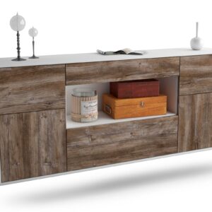 Sideboard Visalia | hängend | Korpus Weiß | Front in Treibholz Holz Optik | 180x79x35cm (BxHxT)