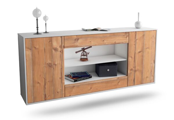 Sideboard Olathe | hängend | Korpus Weiß | Front in Pinie Holz Optik | 180x79x35cm (BxHxT)