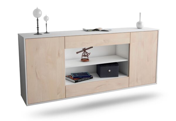 Sideboard Olathe | hängend | Korpus Weiß | Front in Zeder Holz Optik | 180x79x35cm (BxHxT)