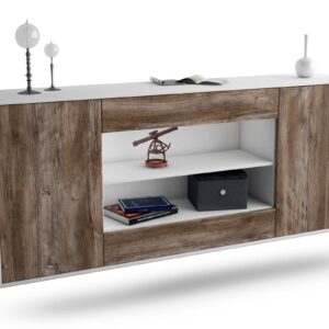 Sideboard Olathe | hängend | Korpus Weiß | Front in Treibholz Holz Optik | 180x79x35cm (BxHxT)