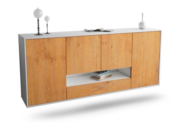 Sideboard Abilene | hängend | Korpus Weiß | Front in Eiche Holz Optik | 180x79x35cm (BxHxT)