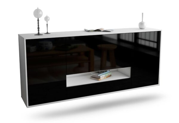 Sideboard Abilene | hängend | Korpus Weiß | Front in Hochglanz Schwarz | 180x79x35cm (BxHxT)