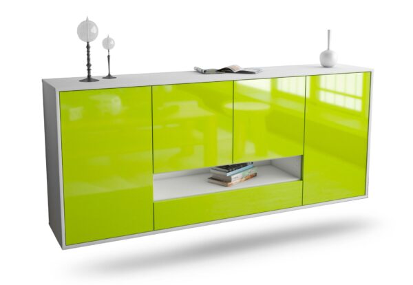 Sideboard Abilene | hängend | Korpus Weiß | Front in Hochglanz Grün | 180x79x35cm (BxHxT)