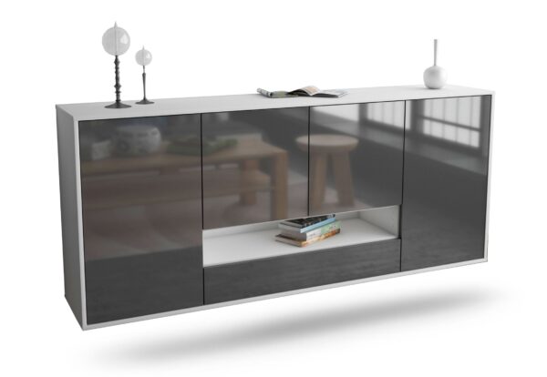 Sideboard Abilene | hängend | Korpus Weiß | Front in Hochglanz Grau | 180x79x35cm (BxHxT)