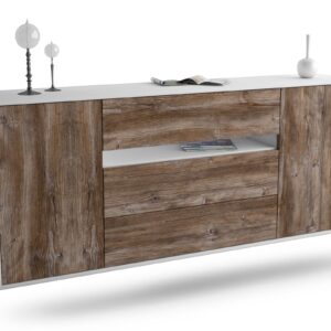 Sideboard McKinney | hängend | Korpus Weiß | Front in Treibholz Holz Optik | 180x79x35cm (BxHxT)