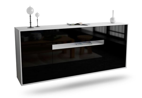Sideboard McKinney | hängend | Korpus Weiß | Front in Hochglanz Schwarz | 180x79x35cm (BxHxT)