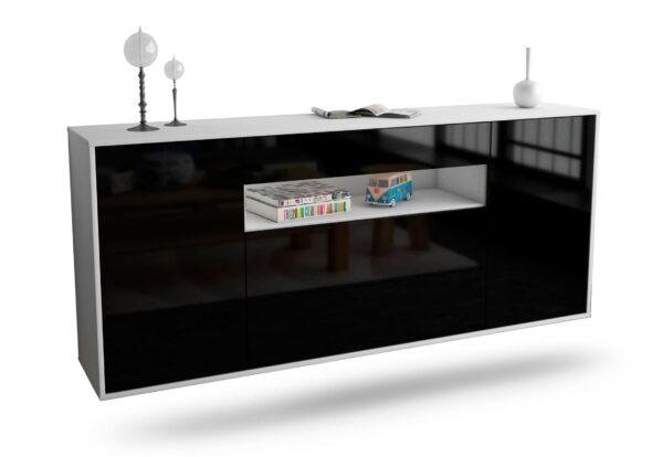 Sideboard Vallejo | hängend | Korpus Weiß | Front in Hochglanz Schwarz | 180x79x35cm (BxHxT)
