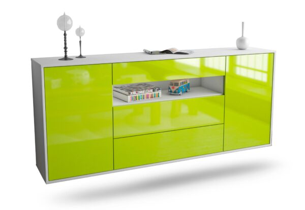 Sideboard Vallejo | hängend | Korpus Weiß | Front in Hochglanz Grün | 180x79x35cm (BxHxT)