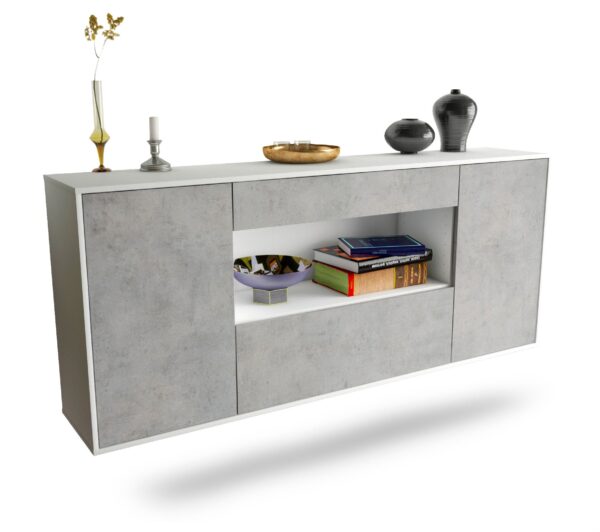 Sideboard Ann Arbor | hängend | Korpus Weiß | Front in Beton Optik | 180x79x35cm (BxHxT)