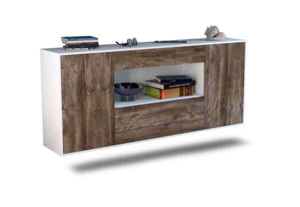 Sideboard Ann Arbor | hängend | Korpus Weiß | Front in Treibholz Holz Optik | 180x79x35cm (BxHxT)