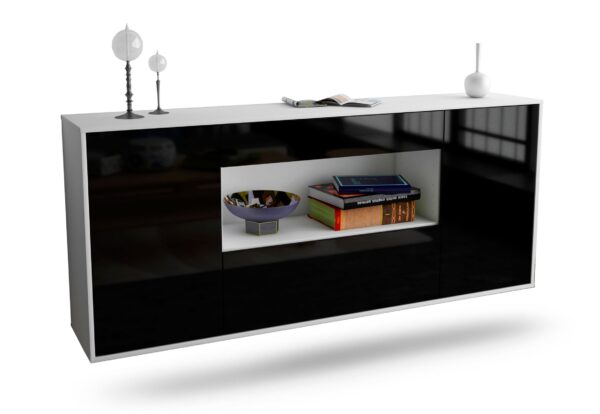 Sideboard Ann Arbor | hängend | Korpus Weiß | Front in Hochglanz Schwarz | 180x79x35cm (BxHxT)