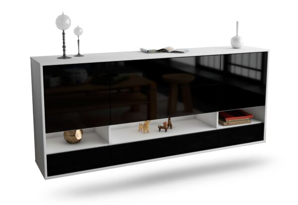 Sideboard Lafayette | hängend | Korpus Weiß | Front in Hochglanz Schwarz | 180x79x35cm (BxHxT)