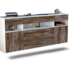 Sideboard Inglewood | hängend | Korpus Weiß | Front in Treibholz Holz Optik | 180x79x35cm (BxHxT)
