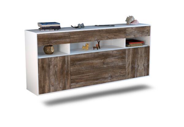 Sideboard Inglewood | hängend | Korpus Weiß | Front in Treibholz Holz Optik | 180x79x35cm (BxHxT)