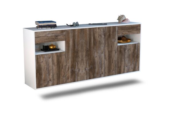 Sideboard Killeen | hängend | Korpus Weiß | Front in Treibholz Holz Optik | 180x79x35cm (BxHxT)
