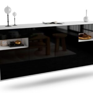 Sideboard Killeen | hängend | Korpus Weiß | Front in Hochglanz Schwarz | 180x79x35cm (BxHxT)