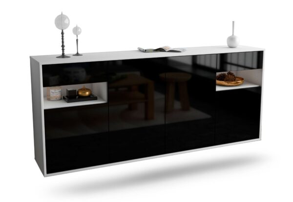 Sideboard Killeen | hängend | Korpus Weiß | Front in Hochglanz Schwarz | 180x79x35cm (BxHxT)
