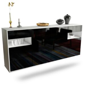 Sideboard Thornton | hängend | Korpus Weiß | Front in Hochglanz Schwarz | 180x79x35cm (BxHxT)