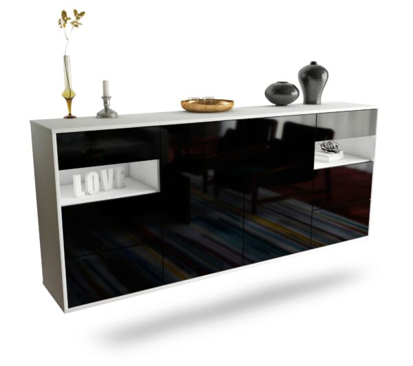 Sideboard Thornton | hängend | Korpus Weiß | Front in Hochglanz Schwarz | 180x79x35cm (BxHxT)