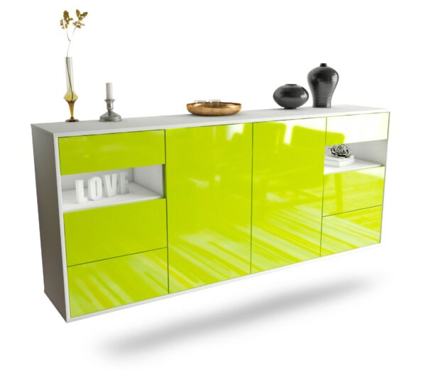 Sideboard Thornton | hängend | Korpus Weiß | Front in Hochglanz Grün | 180x79x35cm (BxHxT)