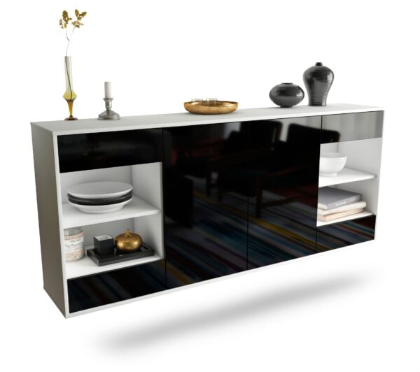 Sideboard Independence | hängend | Korpus Weiß | Front in Hochglanz Schwarz | 180x79x35cm (BxHxT)