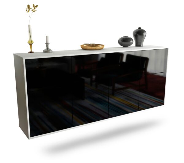 Sideboard Costa Mesa | hängend | Korpus Weiß | Front in Hochglanz Schwarz | 180x79x35cm (BxHxT)