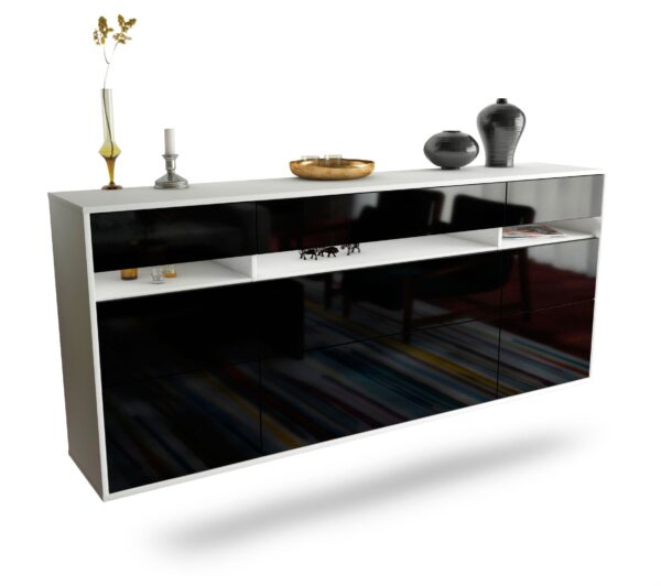Sideboard Manchester | hängend | Korpus Weiß | Front in Hochglanz Schwarz | 180x79x35cm (BxHxT)