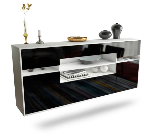 Sideboard Miramar | hängend | Korpus Weiß | Front in Hochglanz Schwarz | 180x79x35cm (BxHxT)