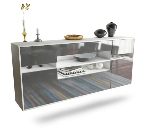 Sideboard Miramar | hängend | Korpus Weiß | Front in Hochglanz Grau | 180x79x35cm (BxHxT)