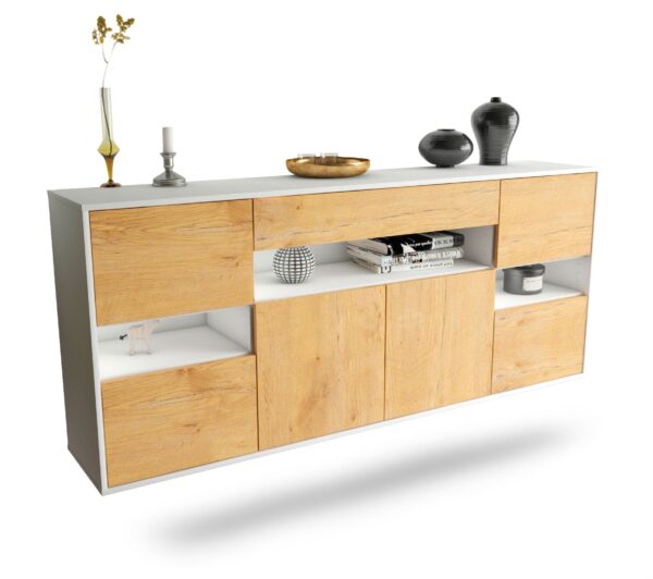 Sideboard Downey | hängend | Korpus Weiß | Front in Eiche Holz Optik | 180x79x35cm (BxHxT)