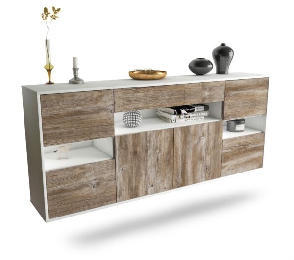 Sideboard Downey | hängend | Korpus Weiß | Front in Treibholz Holz Optik | 180x79x35cm (BxHxT)