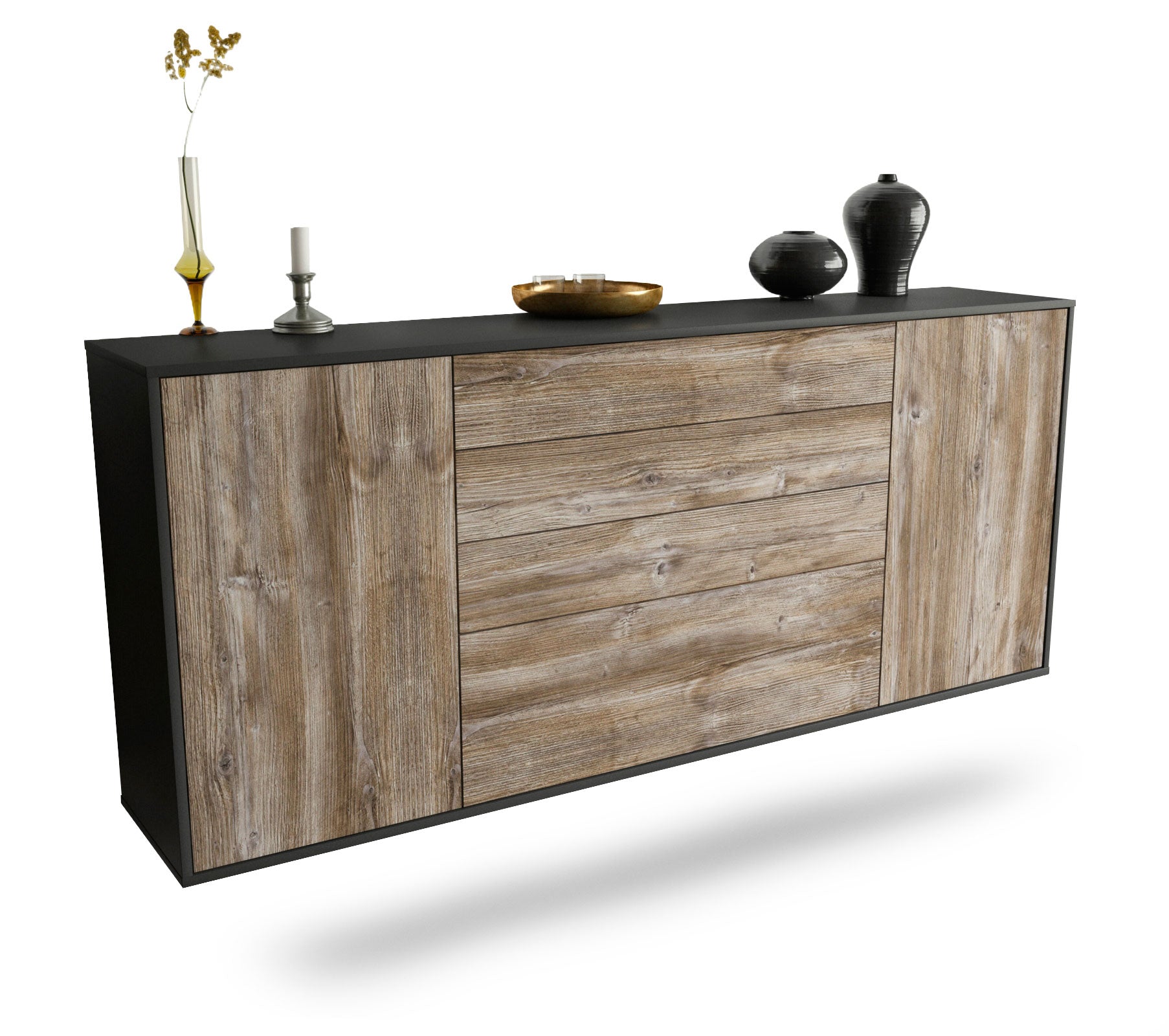 Sideboard Alexandria | hängend | Korpus Anthrazit | Front in Treibholz Holz Optik | 180x79x35cm (BxHxT) 1 Sideboard Alexandria | hängend | Korpus Anthrazit | Front in Treibholz Holz Optik | 180x79x35cm (BxHxT)