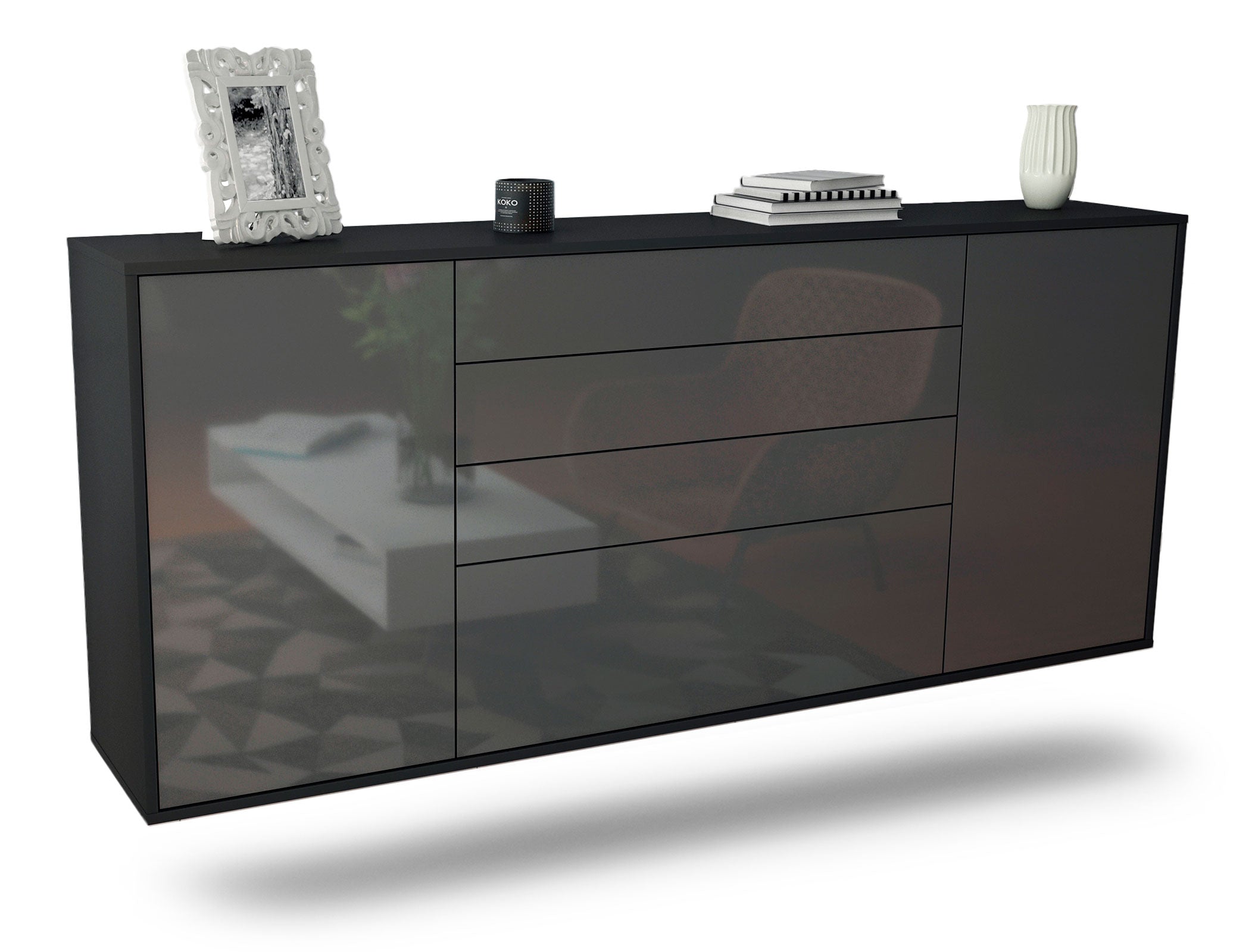 Sideboard Alexandria | hängend | Korpus Anthrazit | Front in Hochglanz Grau | 180x79x35cm (BxHxT) 1 Sideboard Alexandria | hängend | Korpus Anthrazit | Front in Hochglanz Grau | 180x79x35cm (BxHxT)