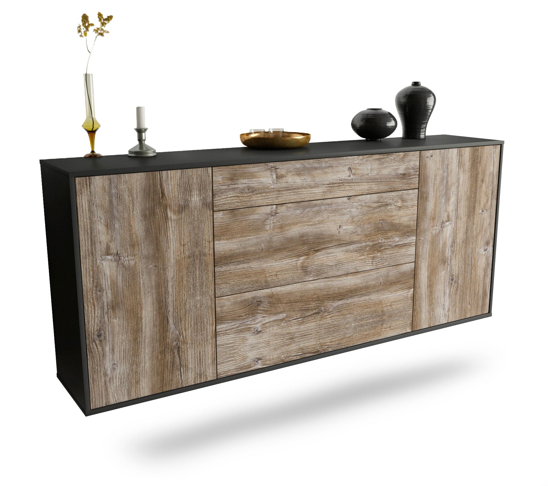 Sideboard Syracuse | hängend | Korpus Anthrazit | Front in Treibholz Holz Optik | 180x79x35cm (BxHxT) 1 Sideboard Syracuse | hängend | Korpus Anthrazit | Front in Treibholz Holz Optik | 180x79x35cm (BxHxT)