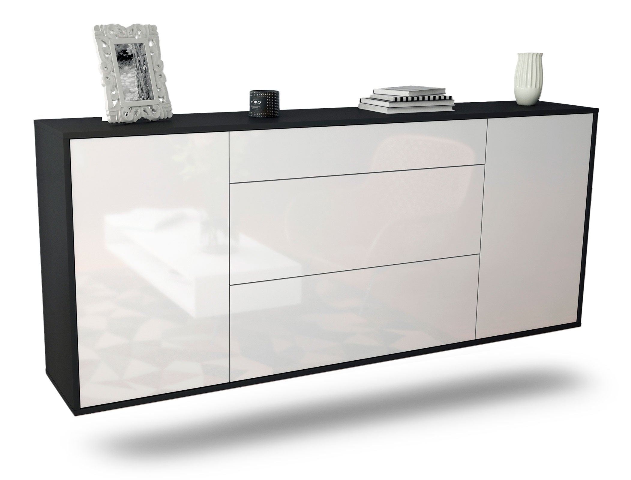 Sideboard Syracuse | hängend | Korpus Anthrazit | Front in Hochglanz Weiß | 180x79x35cm (BxHxT) 1 Sideboard Syracuse | hängend | Korpus Anthrazit | Front in Hochglanz Weiß | 180x79x35cm (BxHxT)