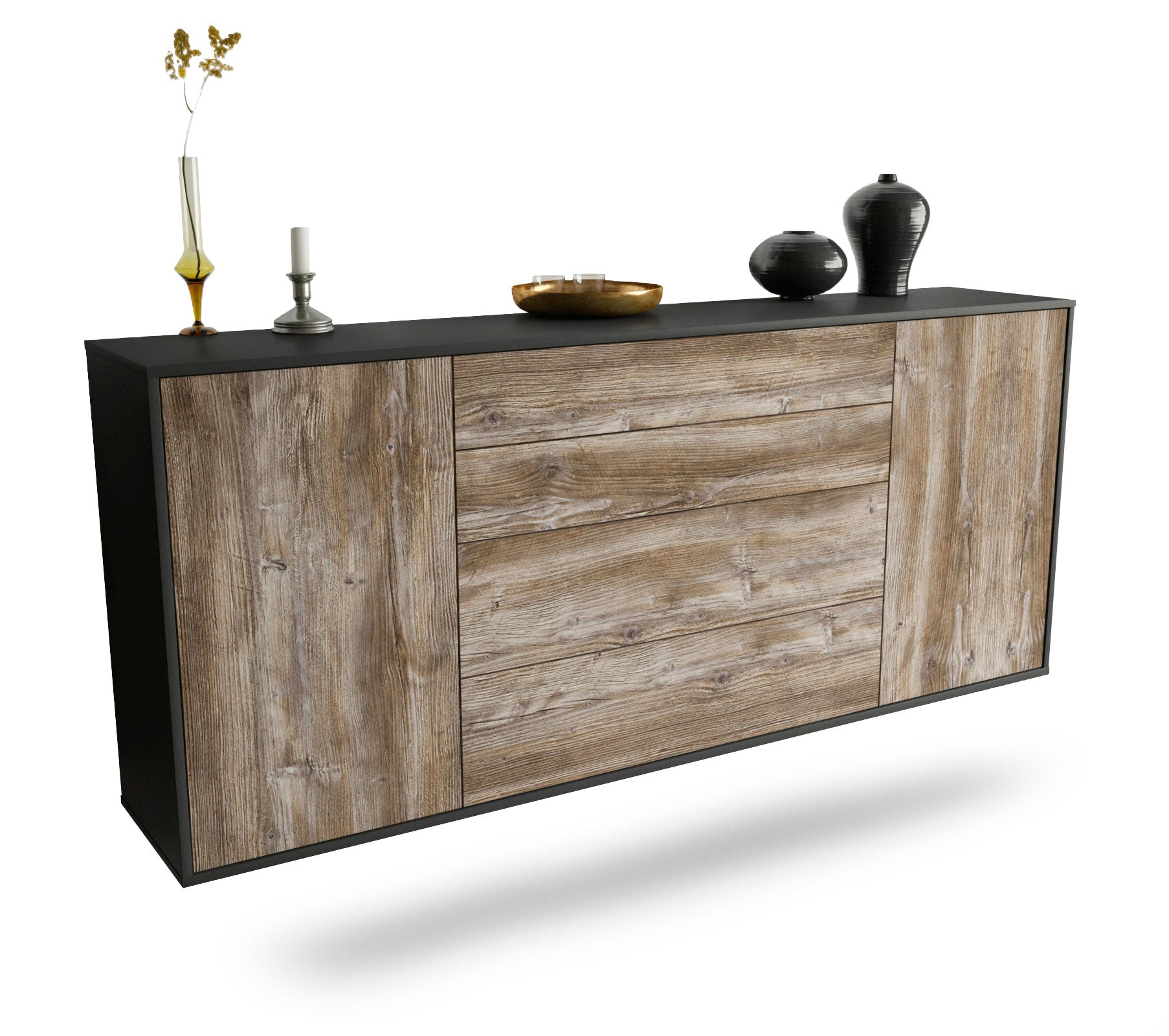 Sideboard Bridgeport | hängend | Korpus Anthrazit | Front in Treibholz Holz Optik | 180x79x35cm (BxHxT) 1 Sideboard Bridgeport | hängend | Korpus Anthrazit | Front in Treibholz Holz Optik | 180x79x35cm (BxHxT)
