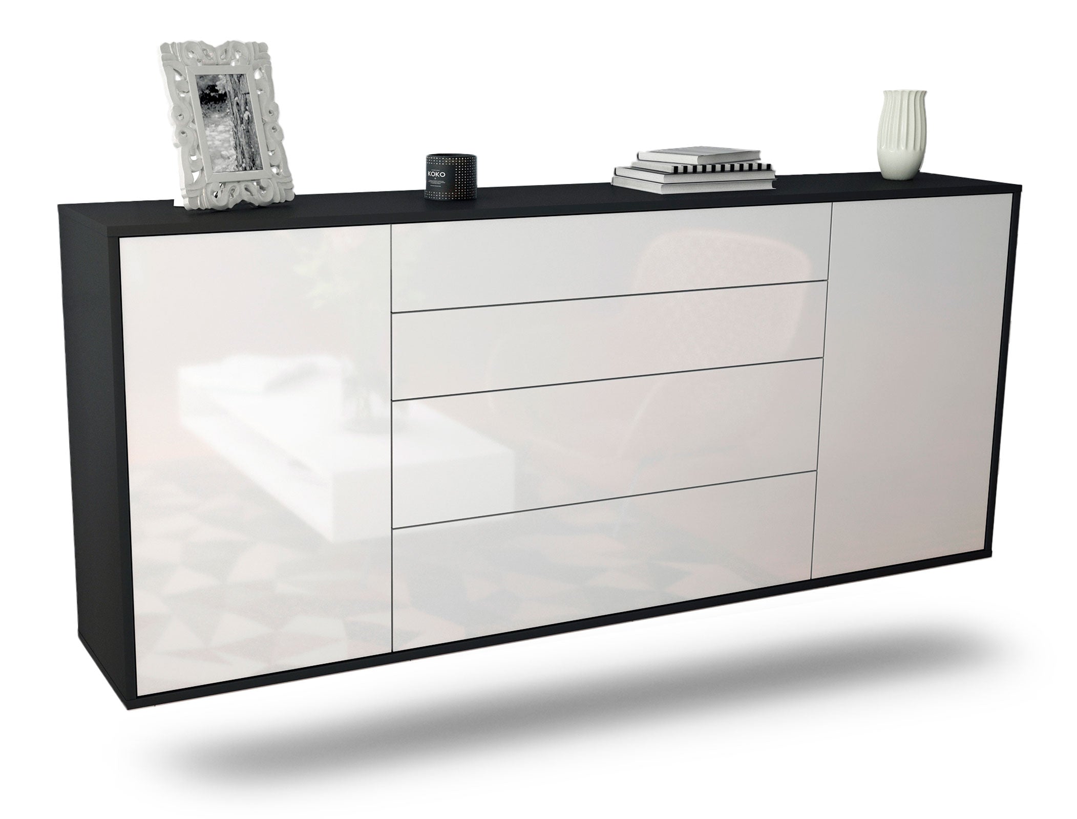 Sideboard Bridgeport | hängend | Korpus Anthrazit | Front in Hochglanz Weiß | 180x79x35cm (BxHxT) 1 Sideboard Bridgeport | hängend | Korpus Anthrazit | Front in Hochglanz Weiß | 180x79x35cm (BxHxT)