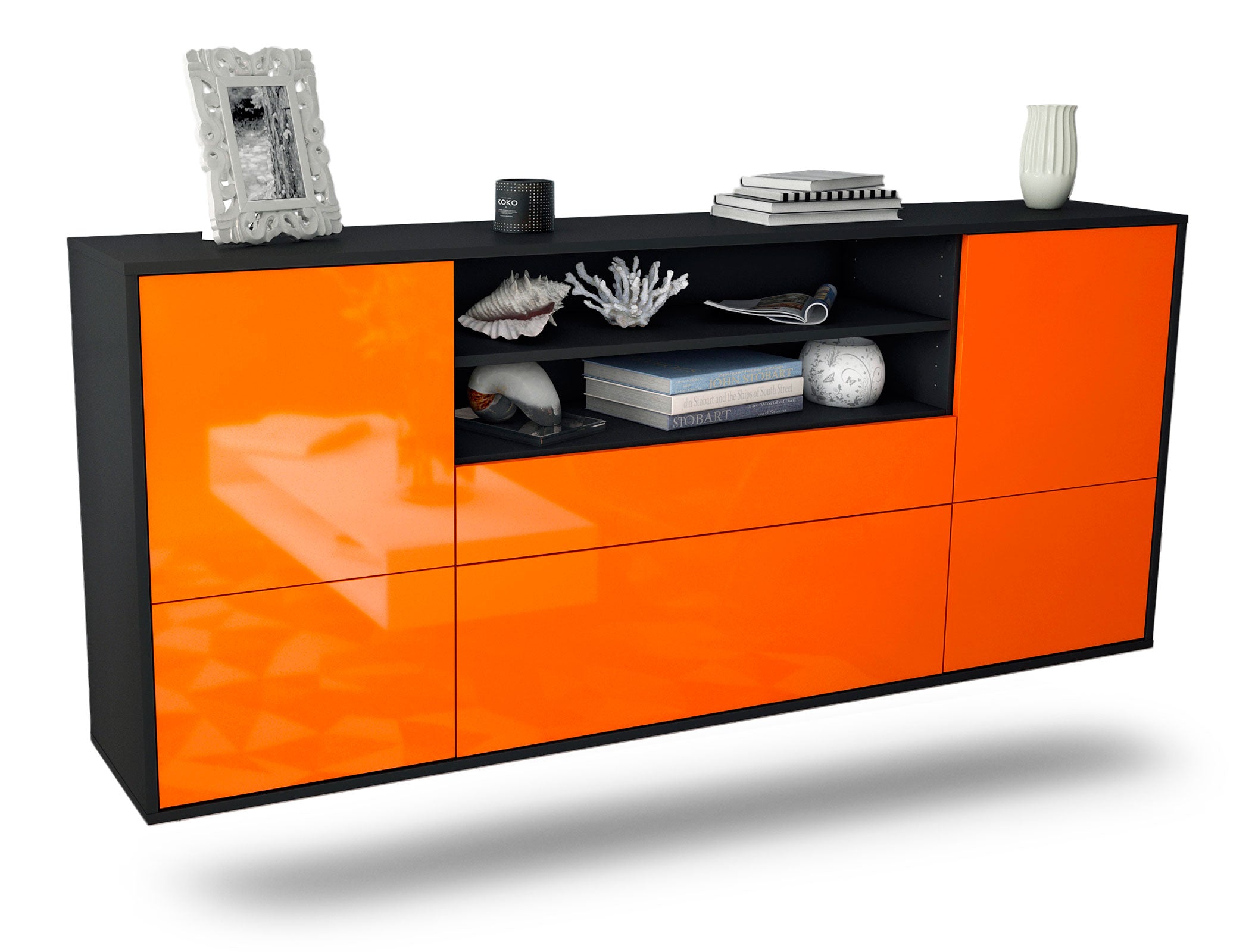 Sideboard Escondido | hängend | Korpus Anthrazit | Front in Hochglanz Orange | 180x79x35cm (BxHxT) 1 Sideboard Escondido | hängend | Korpus Anthrazit | Front in Hochglanz Orange | 180x79x35cm (BxHxT)