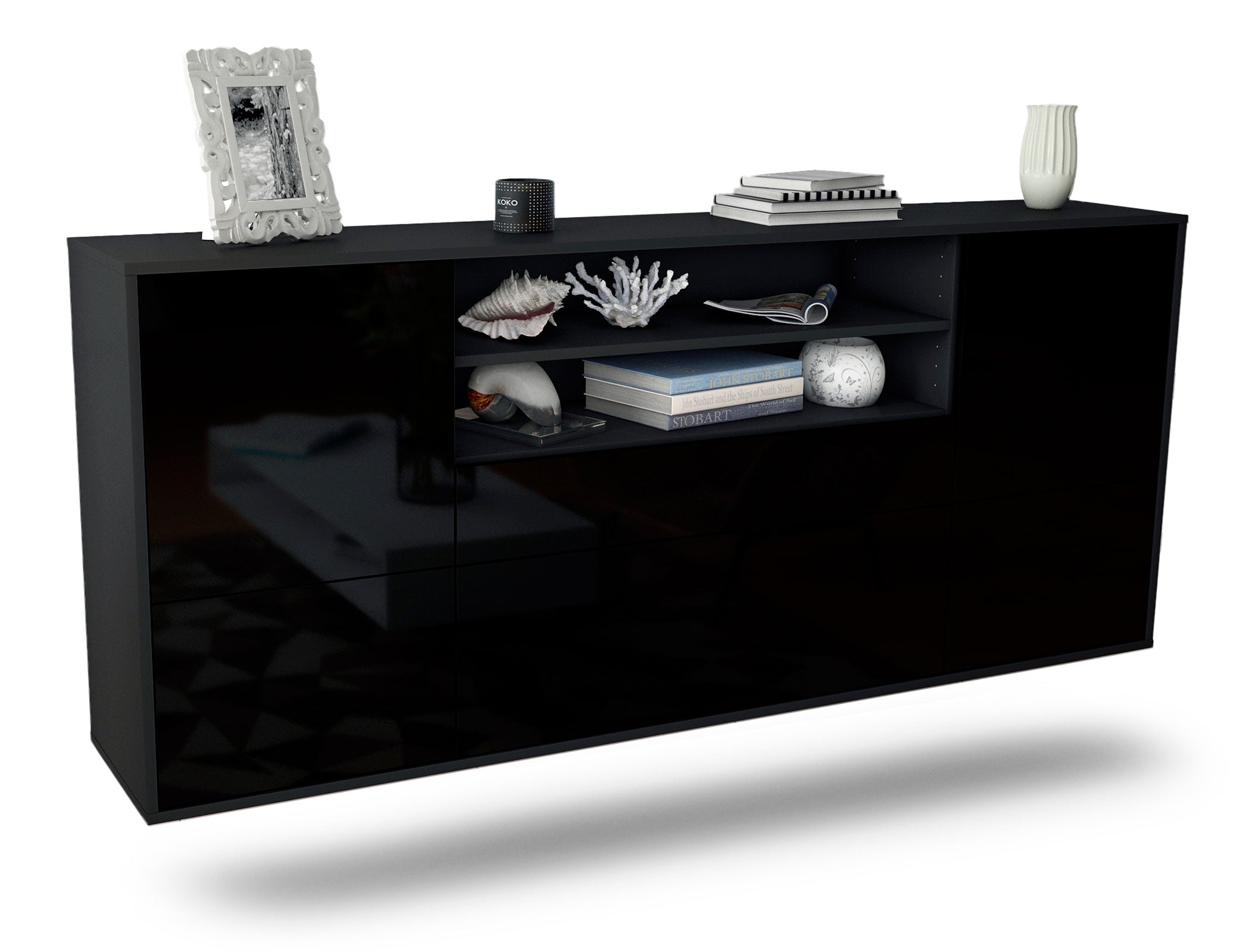 Sideboard Escondido | hängend | Korpus Anthrazit | Front in Hochglanz Schwarz | 180x79x35cm (BxHxT) 1 Sideboard Escondido | hängend | Korpus Anthrazit | Front in Hochglanz Schwarz | 180x79x35cm (BxHxT)